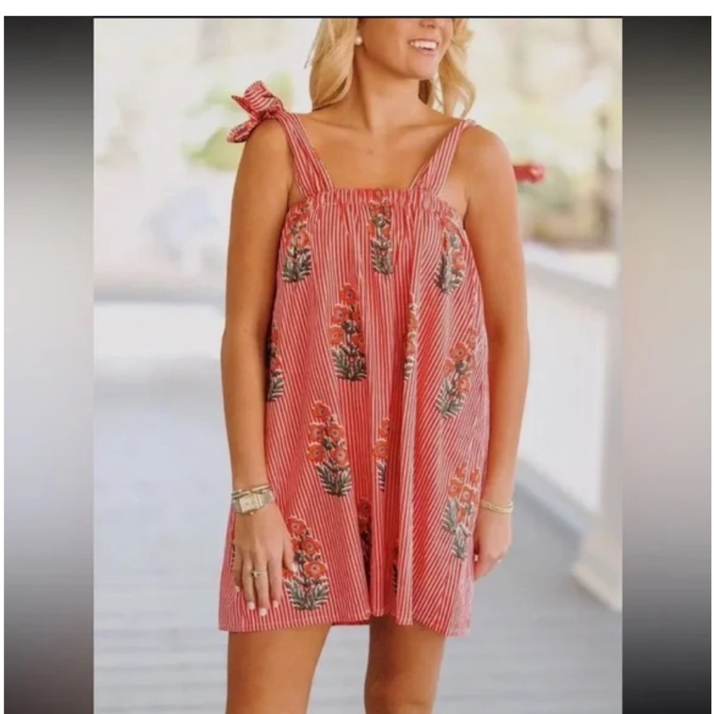 STRIPED FLORAL BOW-STRAP SMOCKED MINI DRESS